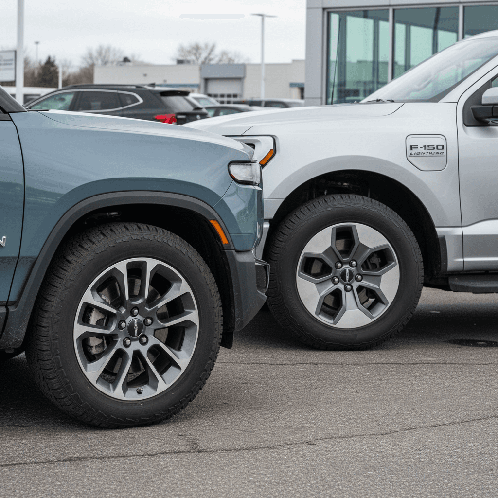 Used Rivian R1T and Ford F-150 Lightning parked at a dealership, side by side, highlighting design and wheel differences