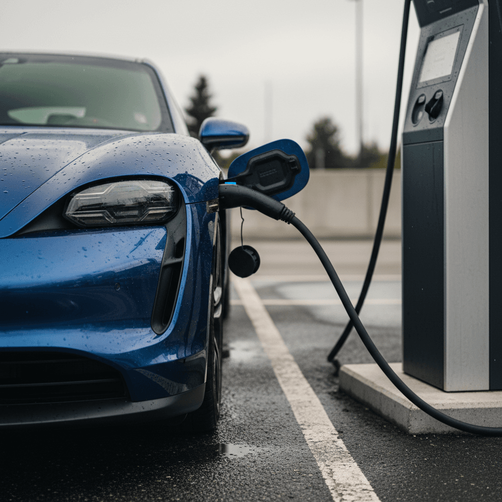 Porsche Taycan plugged into a DC fast charger at the front fender port