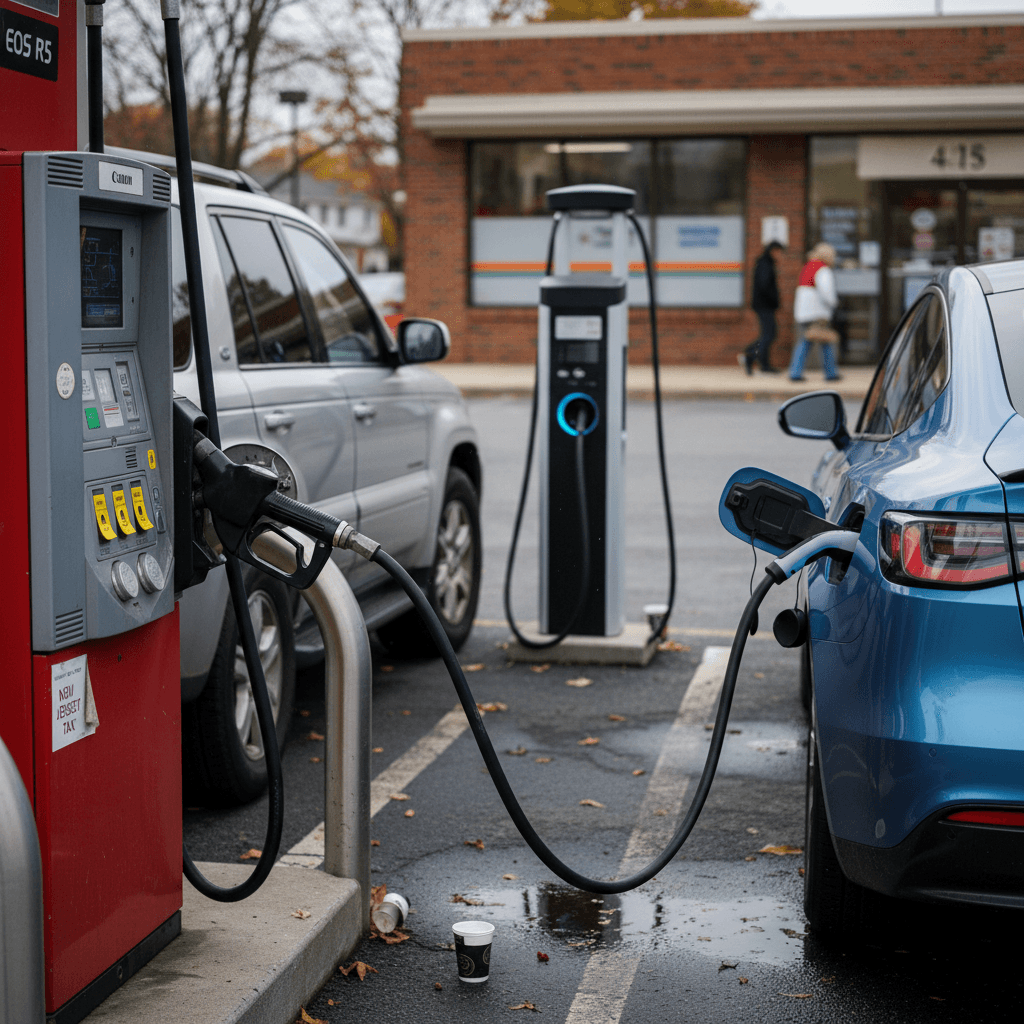 Gasoline pump and EV charging station side by side at a New Jersey service area, highlighting the contrast between gas and electric fueling options.