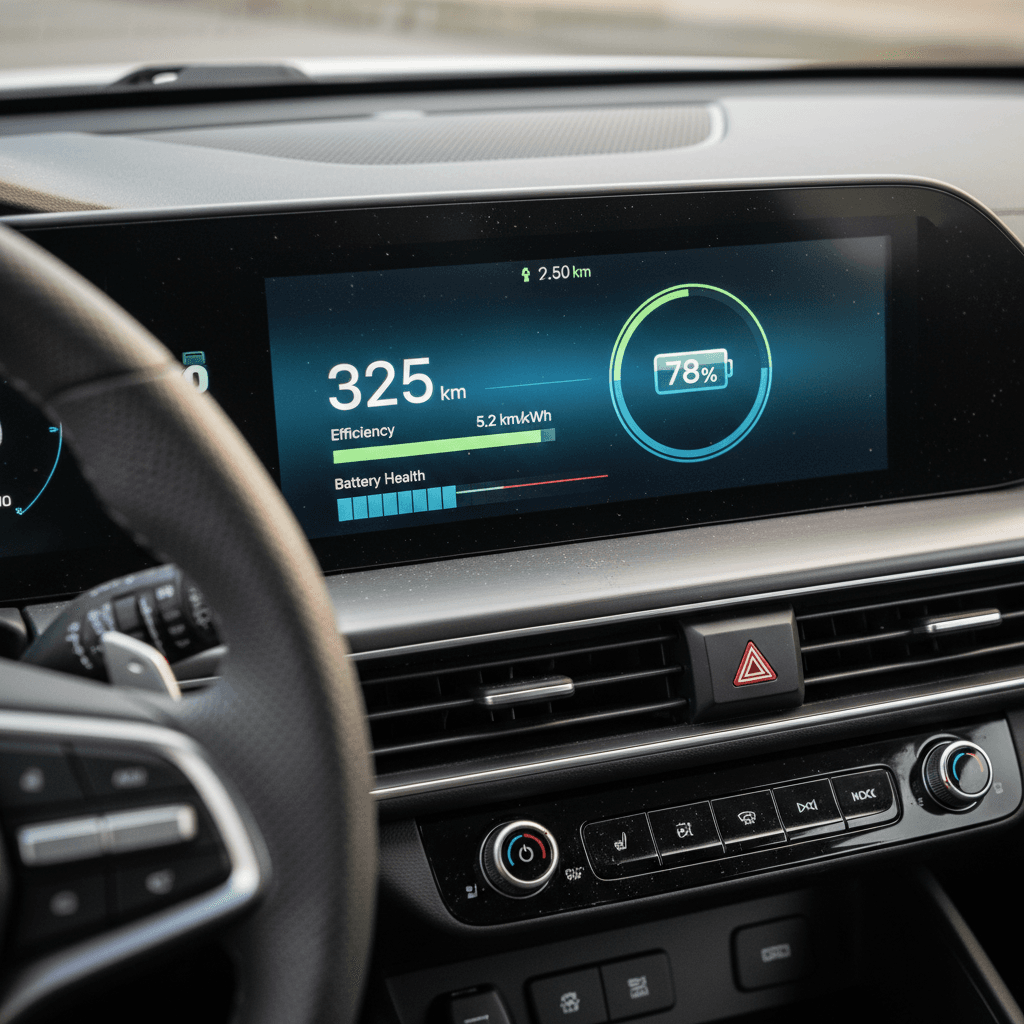 Hyundai Ioniq 6 digital dashboard showing battery state of charge, range estimate and energy use graph