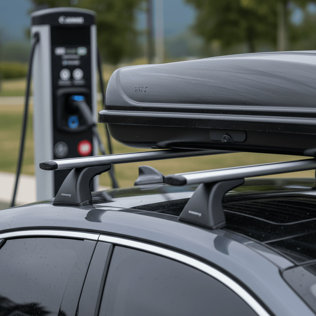 Genesis GV60 roof rails and crossbars carrying a low-profile cargo box