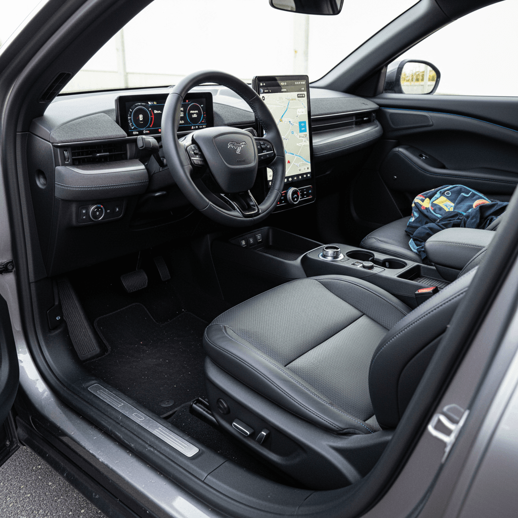 Interior of a Ford Mustang Mach‑E showing digital driver display, large central touchscreen, and rear seating space