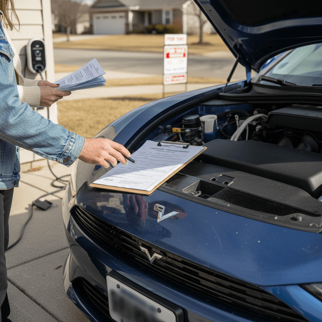Seller and buyer completing vehicle title and bill of sale paperwork next to an electric car parked in a driveway