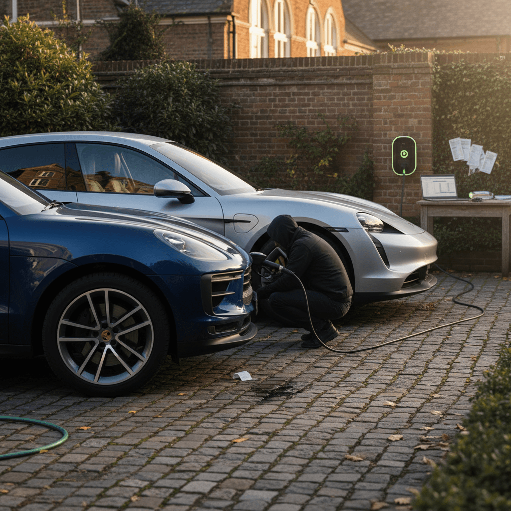 Porsche Macan gasoline SUV parked next to an all-electric Porsche Taycan in a modern driveway