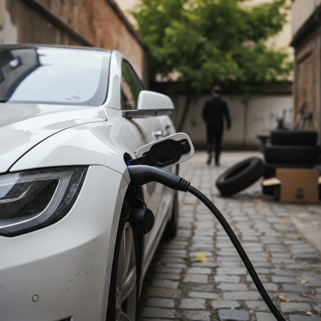 Family charging a battery operated electric vehicle at home driveway charger
