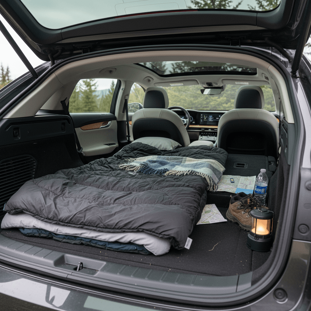 Lucid Air rear seats folded flat with sleeping pad and bedding arranged from cabin into trunk
