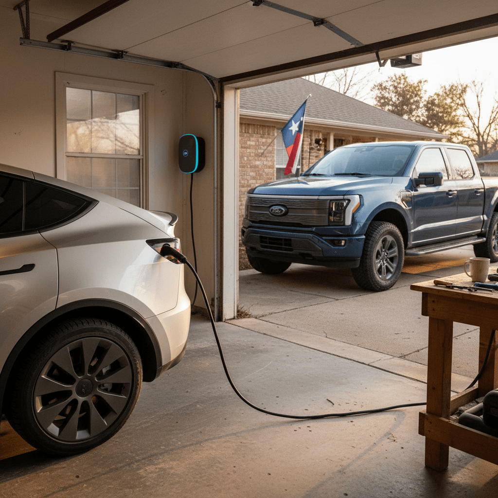 Electric vehicle charging from a wall-mounted Level 2 charger in a Dallas-area home garage, illustrating low-cost overnight EV charging.