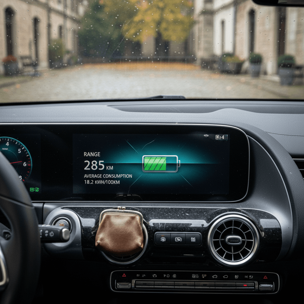 Mercedes EQB digital instrument cluster showing remaining range and battery charge level while parked