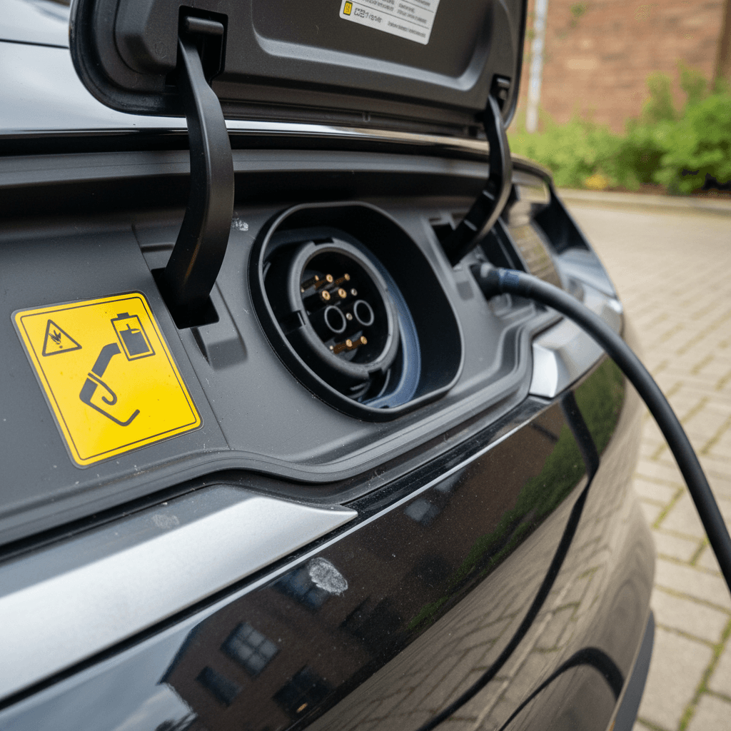 Close-up of Porsche Taycan charging port area with high-voltage warning label