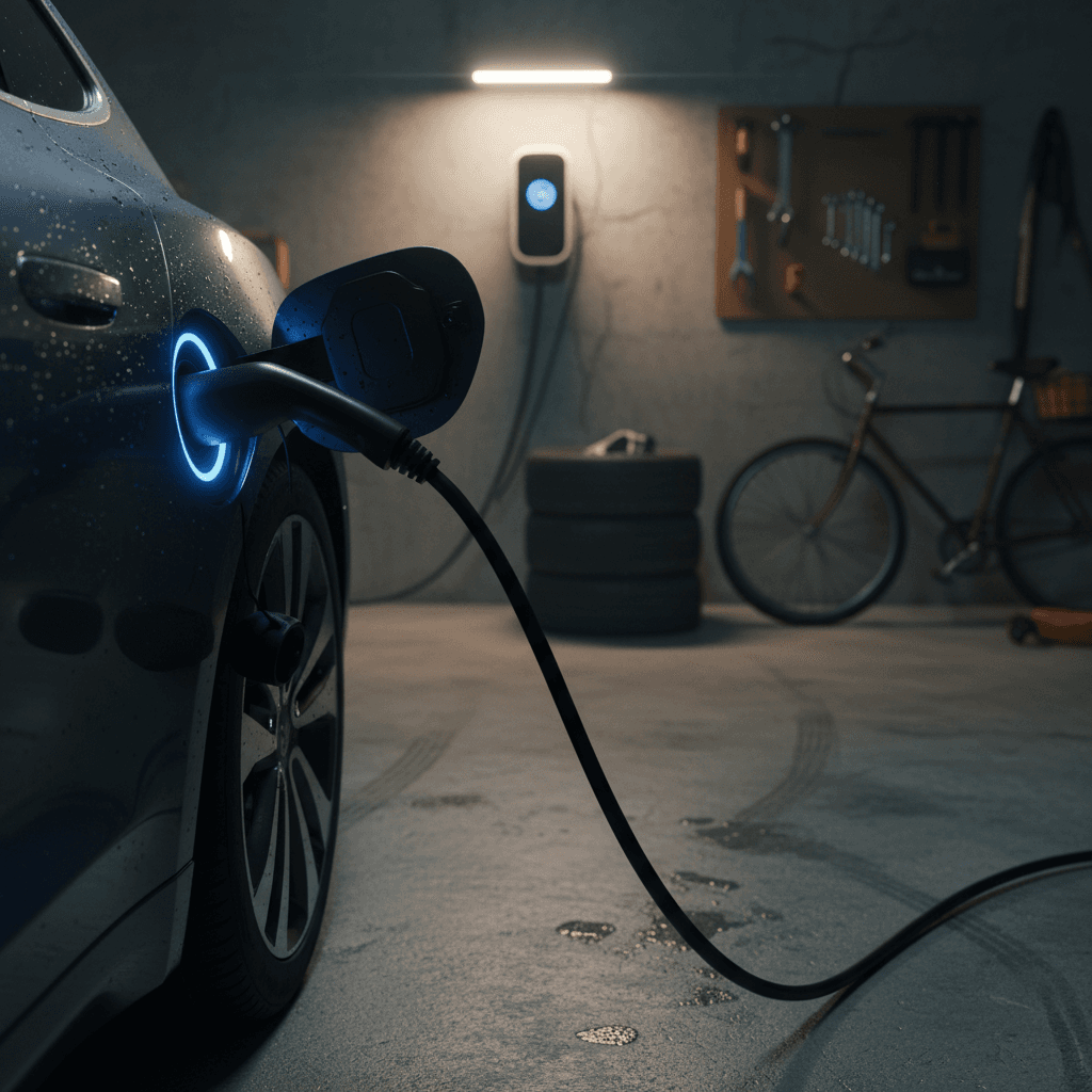 Clipboard showing handwritten formulas for calculating EV charging cost per mile next to an electric vehicle plugged in at a home charger