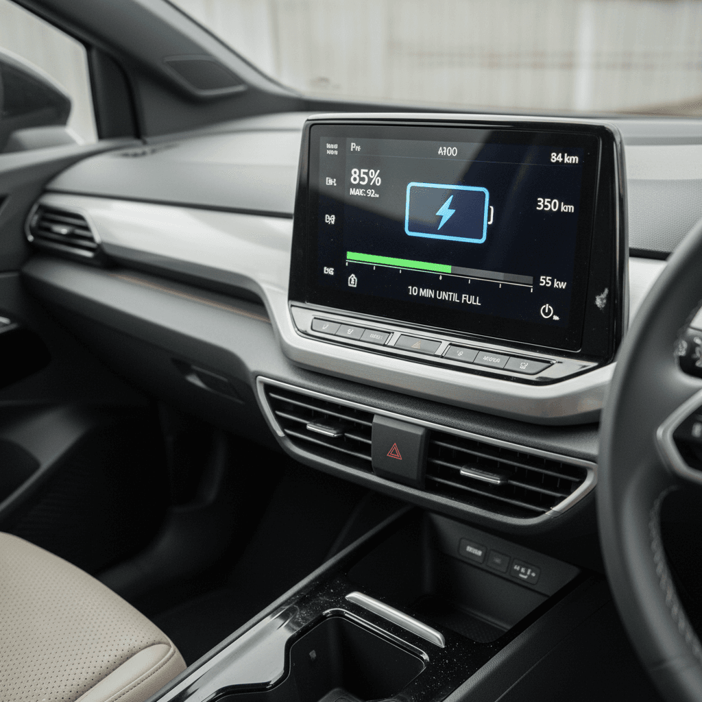 Volkswagen ID.4 dashboard and central screen showing charging and range information while parked