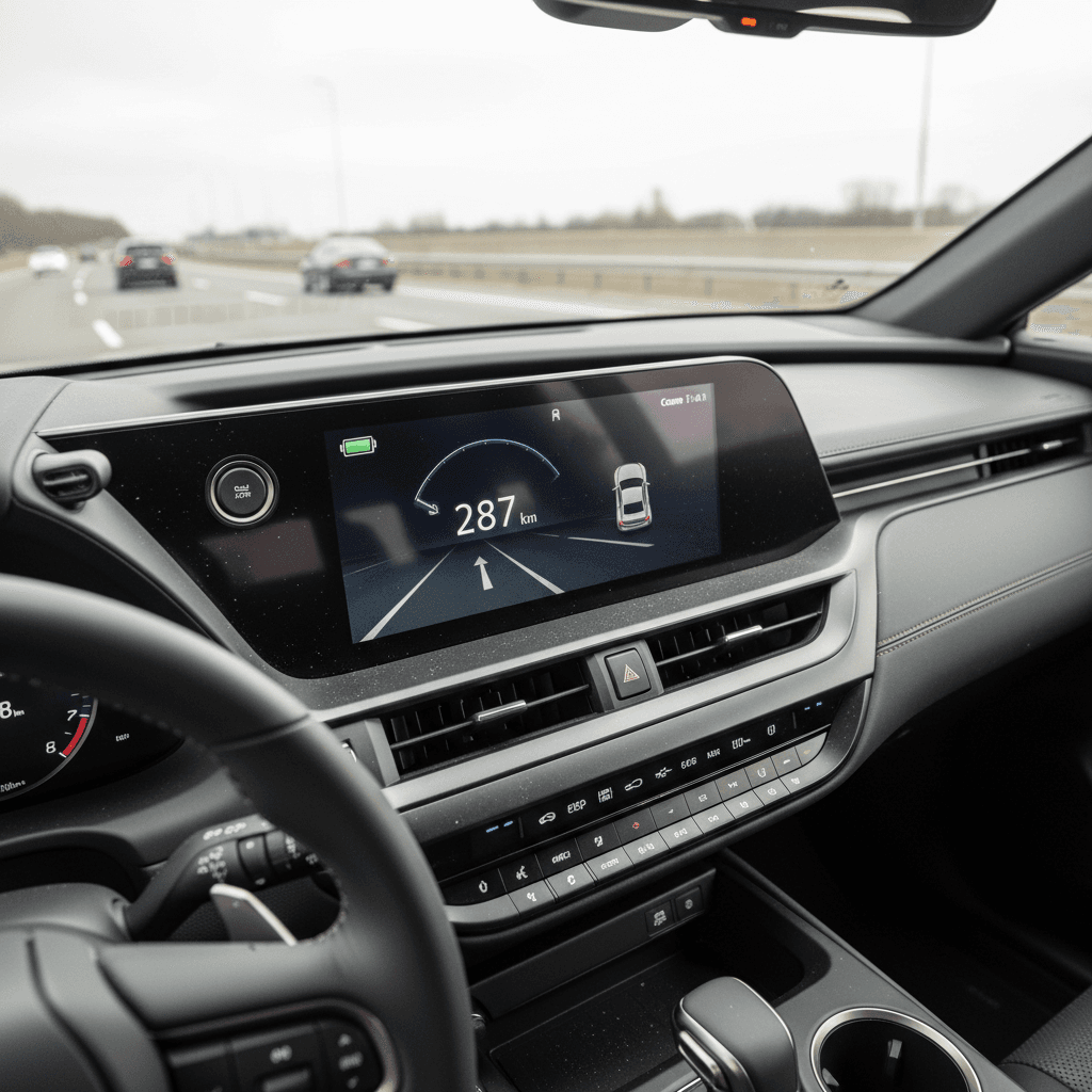 Dashboard of a 2023 Lexus RZ 450e showing remaining range and state of charge during a highway drive