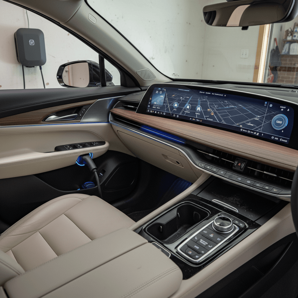 Front cabin of a 2024 Cadillac Lyriq plugged into a Level 2 home charger in a modern garage
