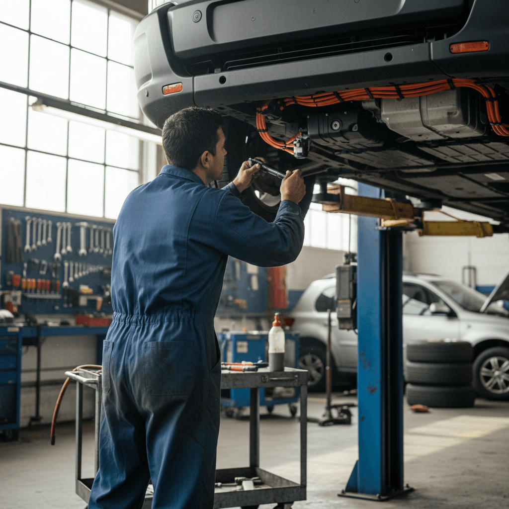Technician inspecting the underside and battery area of a Ford E-Transit electric cargo van on a lift