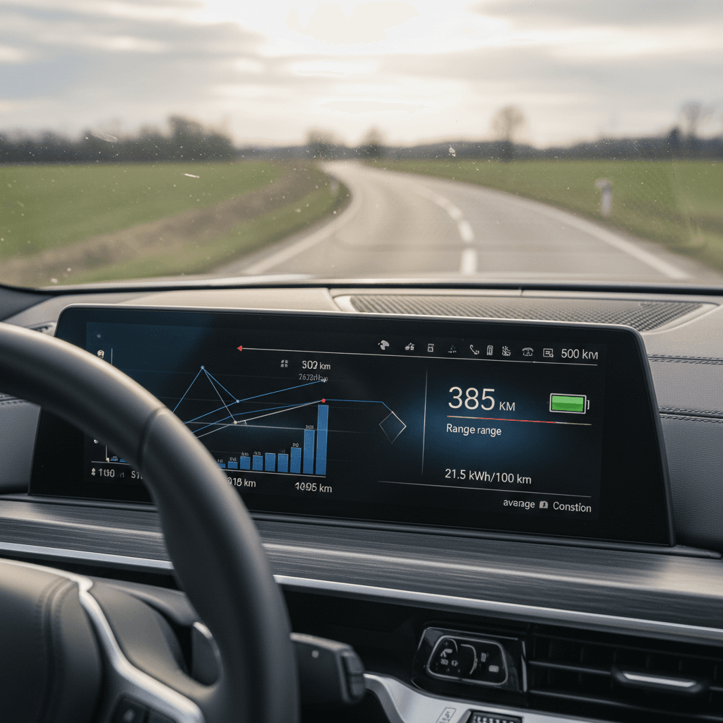 BMW i7 plugged into a modern DC fast charging station during a highway road trip