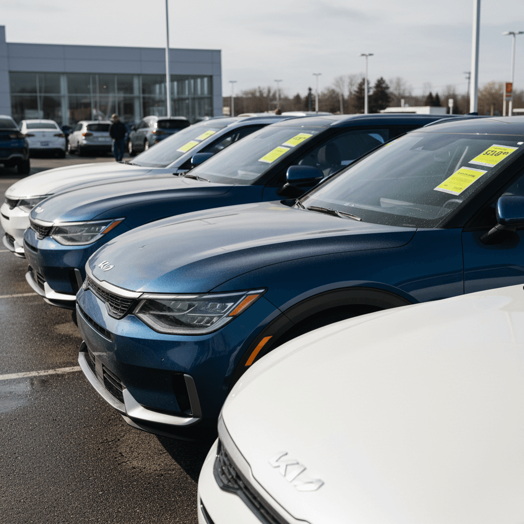 Row of used Kia EV9 electric SUVs parked on a dealer lot with price stickers on the windshields