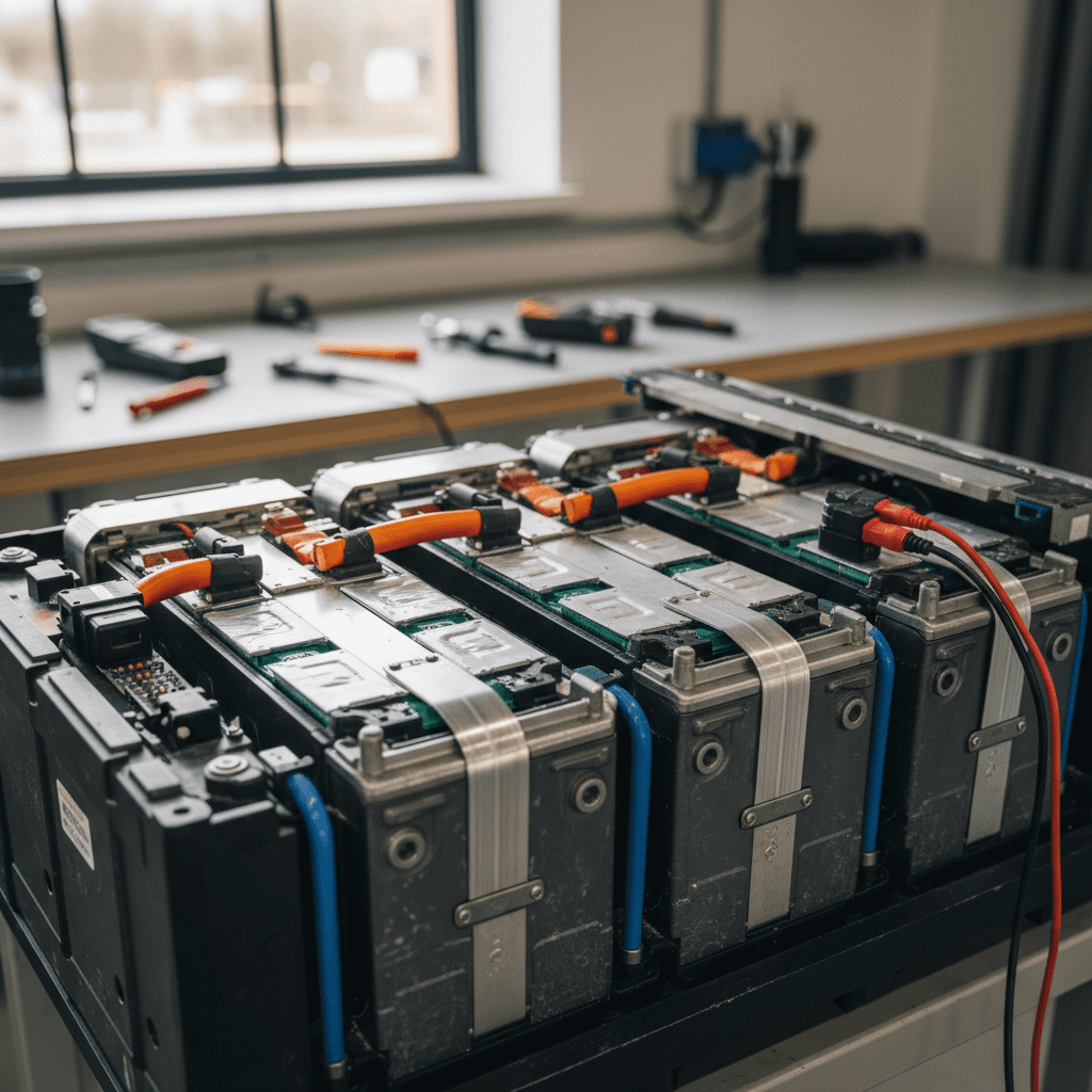 Porsche Taycan high-voltage battery pack integrated into the underbody of the car on a lift