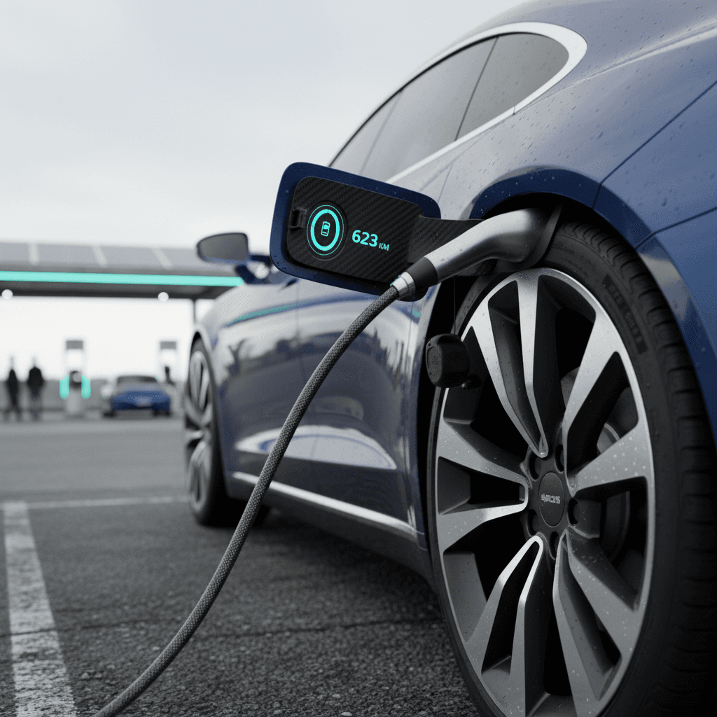 Luxury electric sedan plugged into a fast charger at night