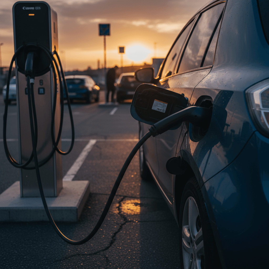 Person taking an electric car photo at a public charging station with a smartphone