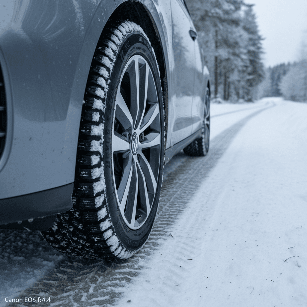 Close view of a Volkswagen ID. Buzz wheel and winter tire in fresh snow, showing tread and slush buildup around the wheel well