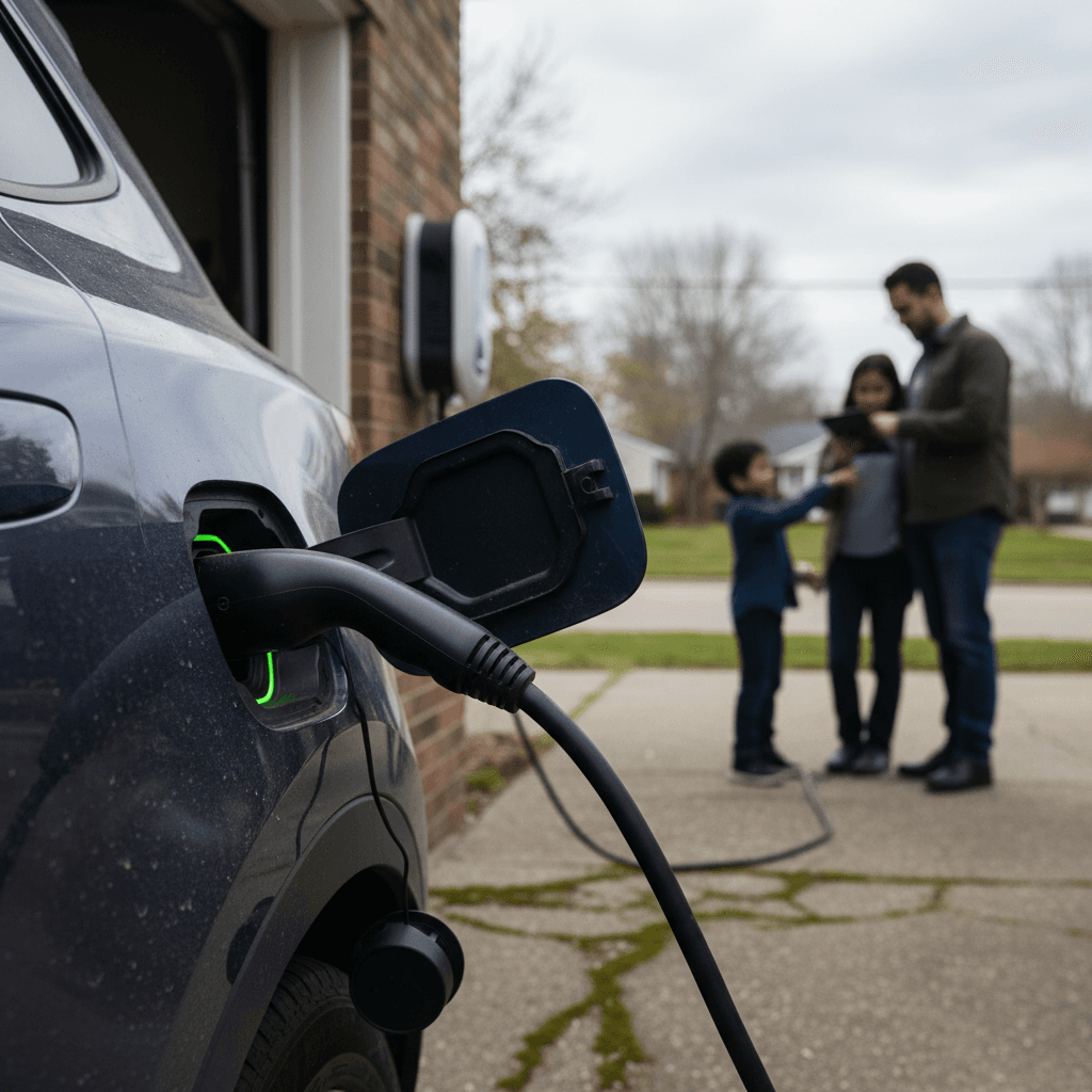 Family charging an electric vehicle in a home driveway, illustrating convenient overnight EV charging