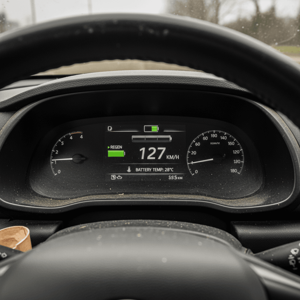 Dashboard of a used electric vehicle showing battery percentage, estimated driving range, and regenerative braking indicator during a test drive