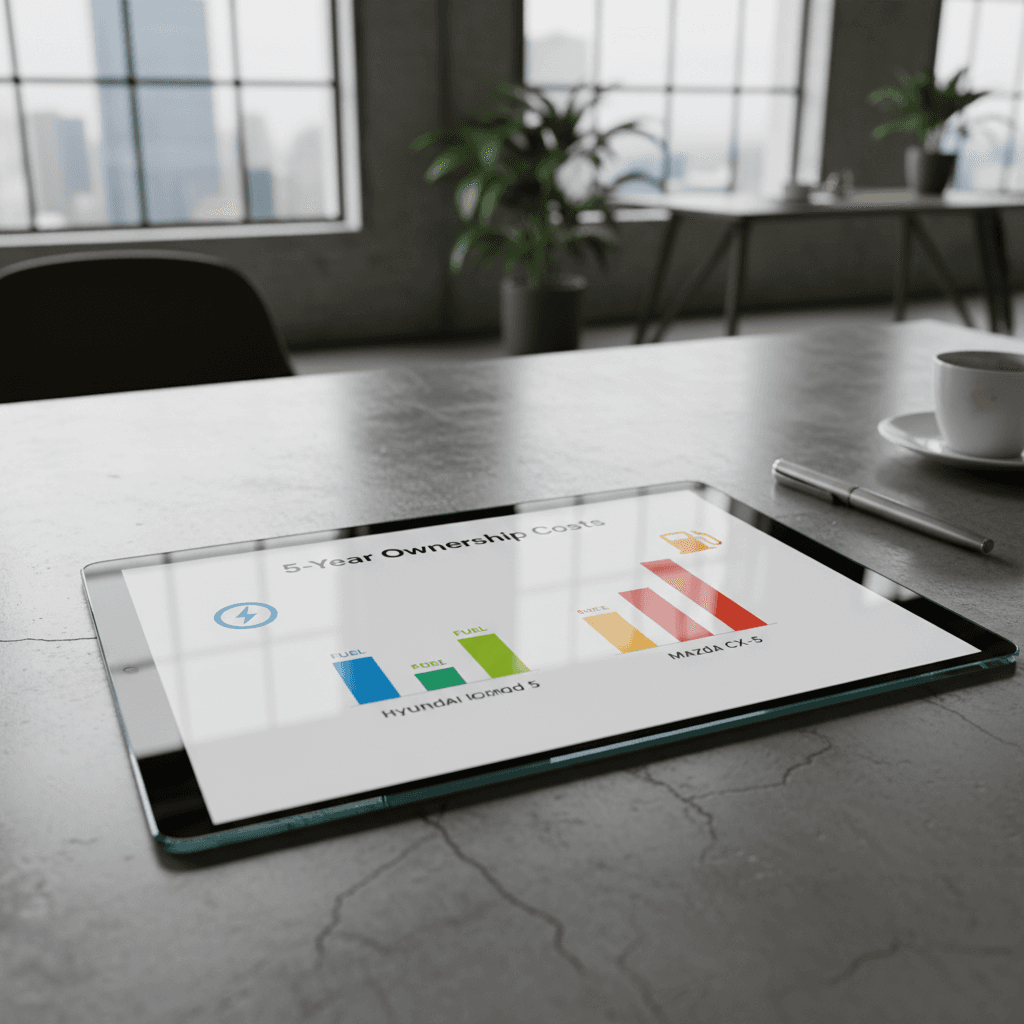 Side-by-side comparison graphic of Hyundai Ioniq 5 and Mazda CX-5 showing fuel, electricity, and maintenance cost differences over five years