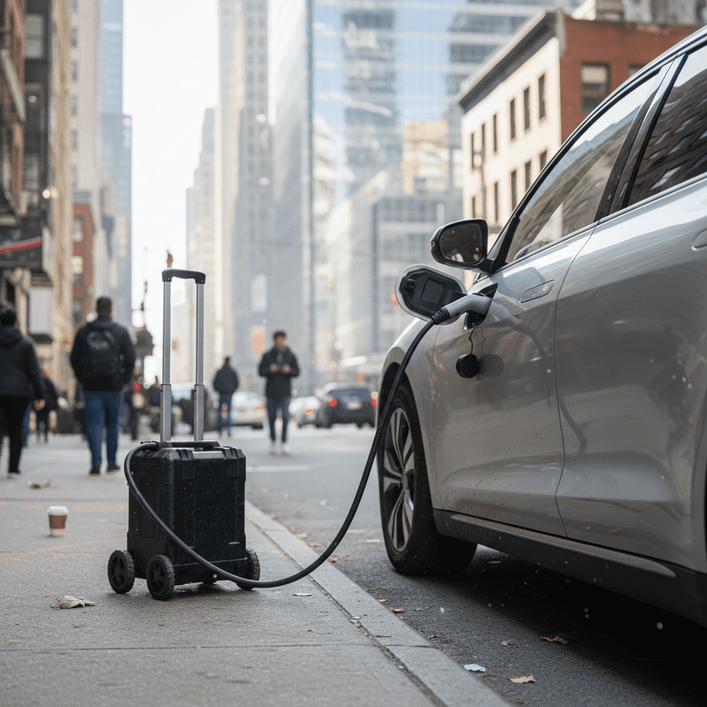 Mobile EV charging van providing roadside charging to an electric car