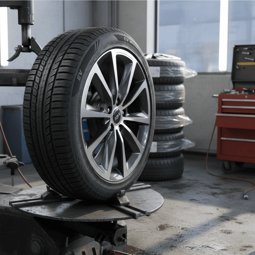 Technician inspecting a 21‑inch tire on a Kia EV9 in a service bay