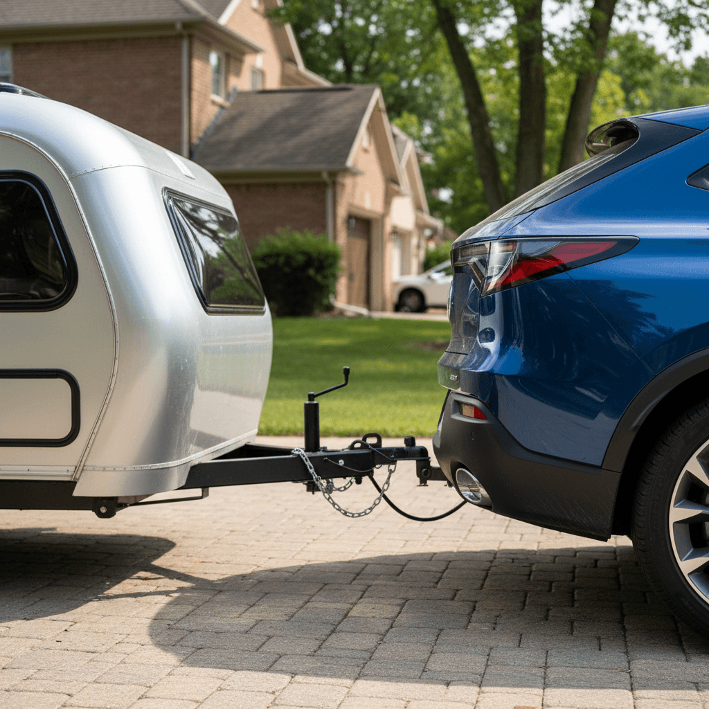 Acura ZDX with a small camping trailer attached to a rear hitch in a driveway