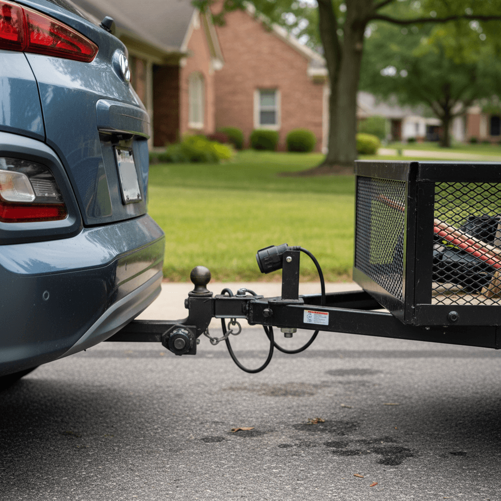 Hyundai Kona Electric with a compact utility trailer attached to a rear tow hitch in a driveway
