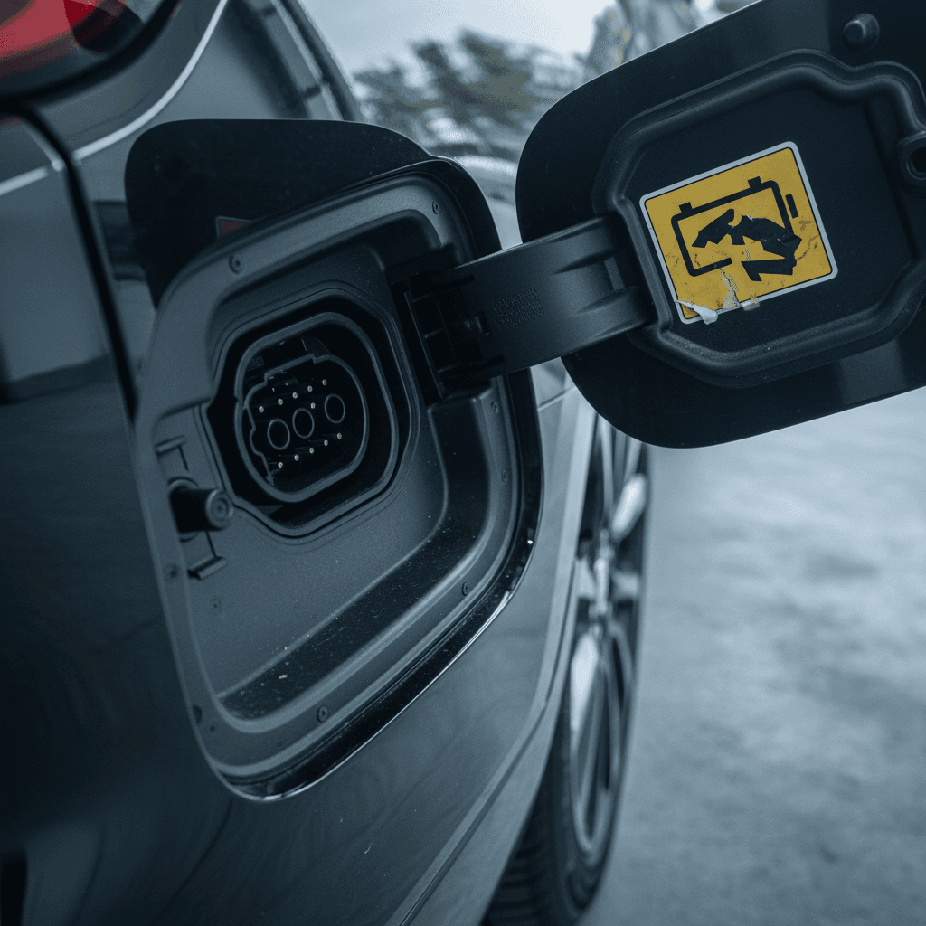Close-up of a Chevrolet Blazer EV charging port with high-voltage battery warning label visible on the bodywork