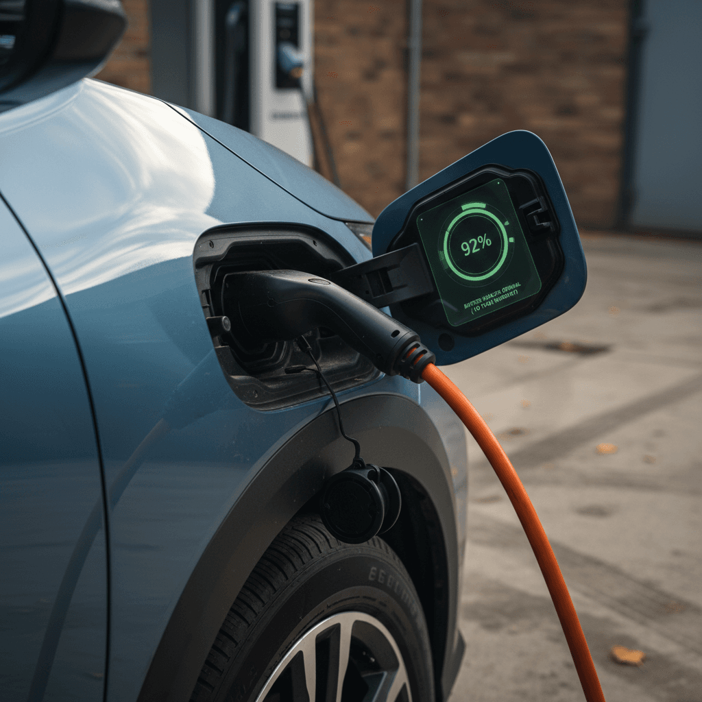 Charging cable plugged into the Toyota bZ4X charge port with battery status graphics overlaid