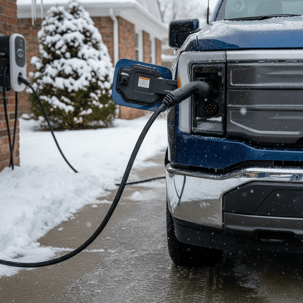Ford F-150 Lightning charging in a snowy driveway with a cable connected to the front fender port