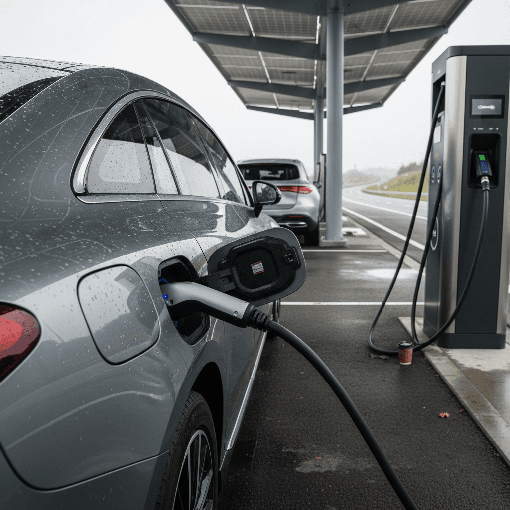 Mercedes EQE sedan plugged into a highway DC fast charging station on a long-distance road trip