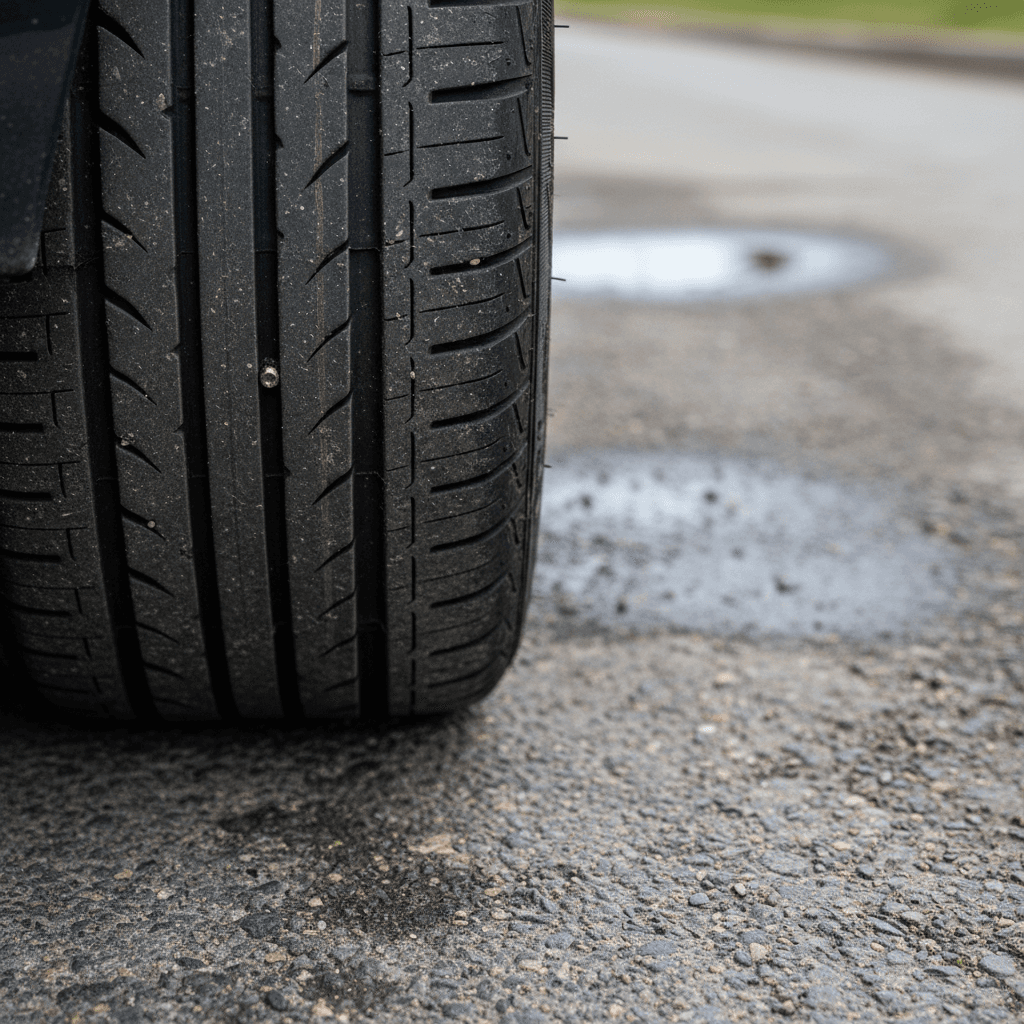 Electric vehicle tire in motion on the highway showing contact patch with the road
