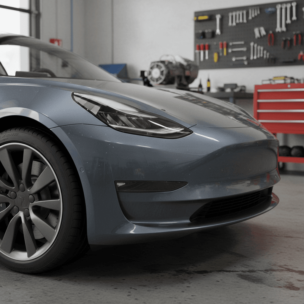 Close-up of a 2025 Tesla Model 3 front corner in a service bay, highlighting wheel, headlight, and body panel alignment