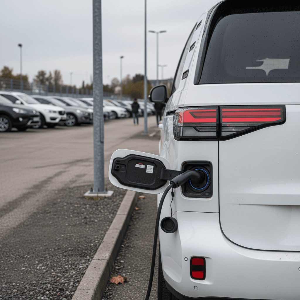 Used Volkswagen ID. Buzz plugged into a charger at a dealership lot, highlighting resale value considerations