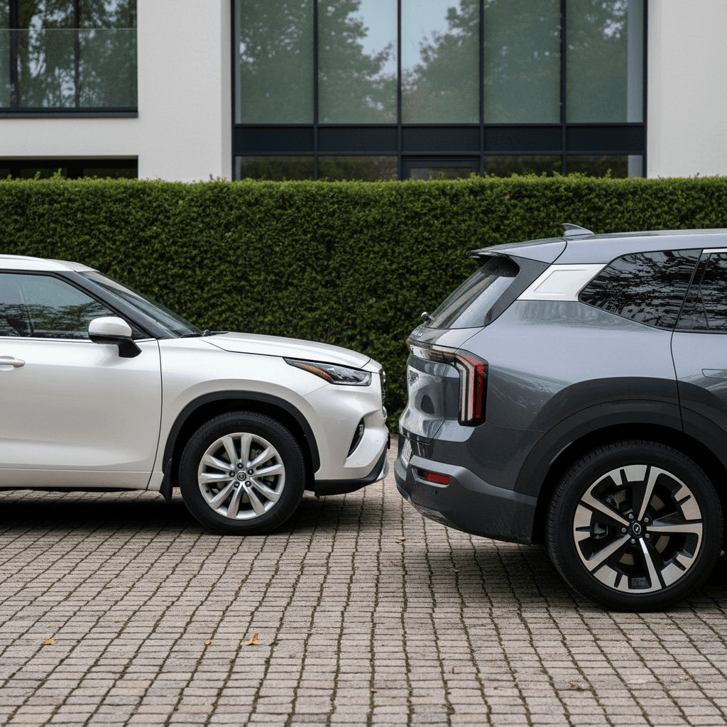 Toyota Highlander and Kia EV9 parked side by side in a driveway showing overall size and stance