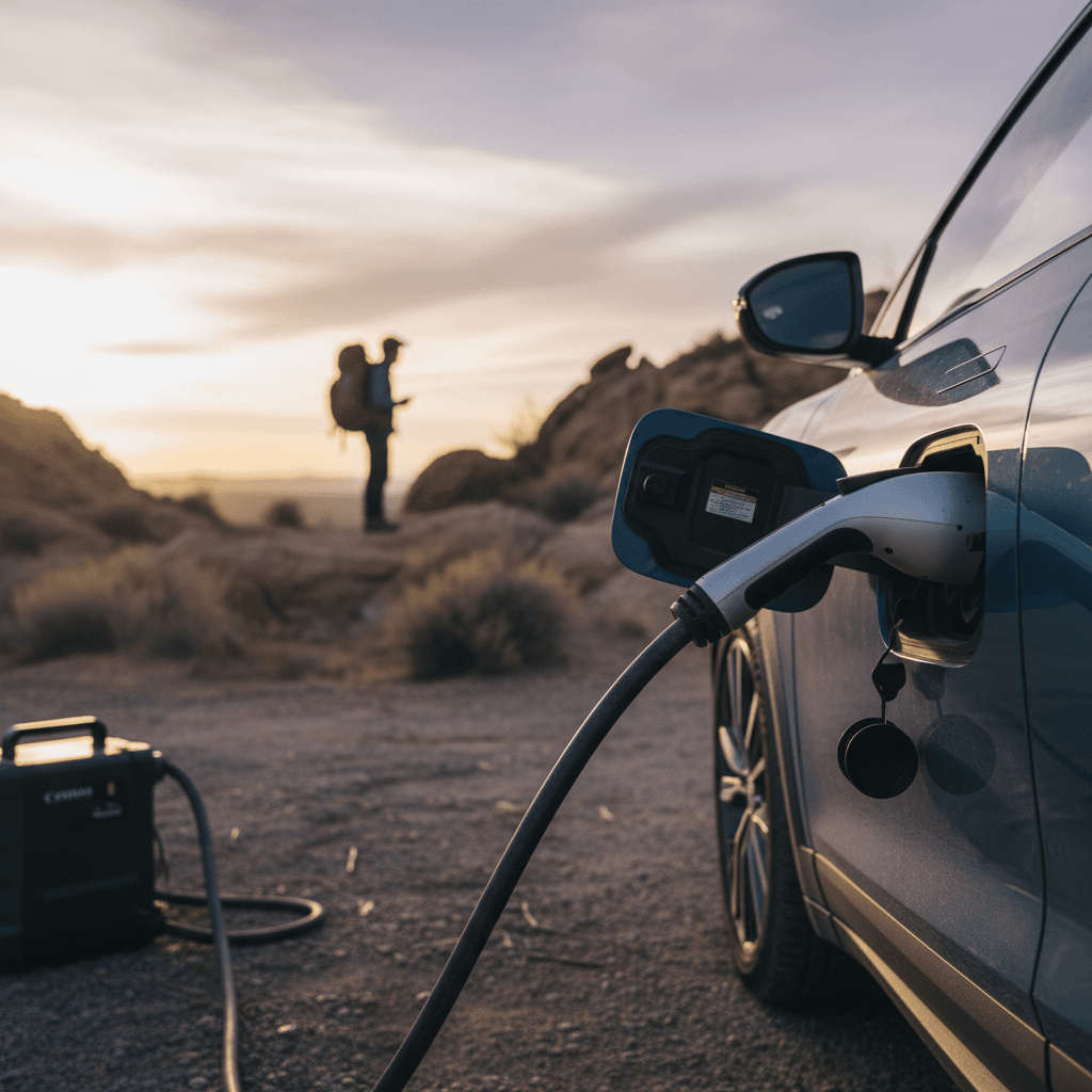 Electric car plugged into a fast charger at a highway rest stop during a road trip