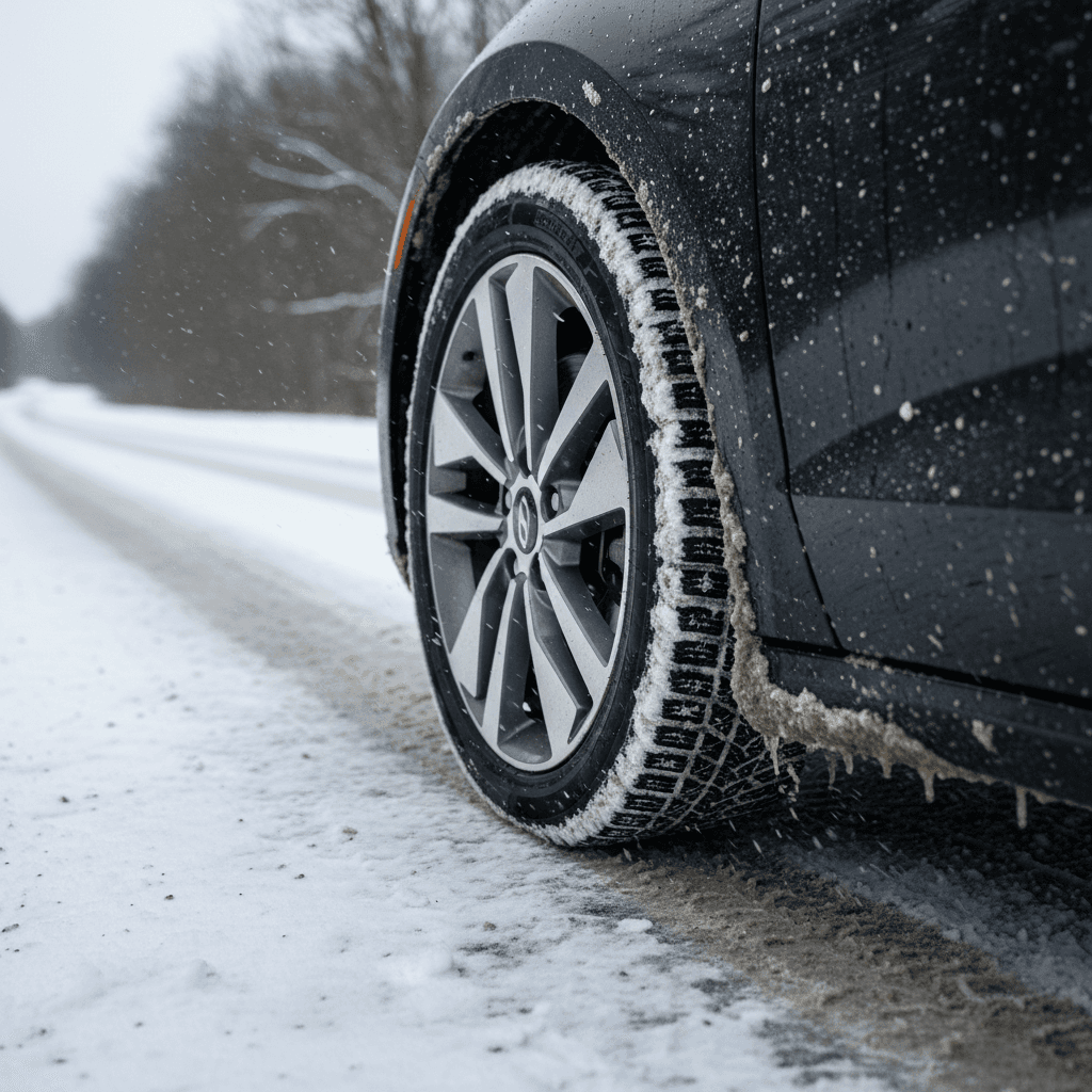 Hyundai IONIQ 6 wheel and tire on a wet, slushy winter road showing snow packed near the wheel arch