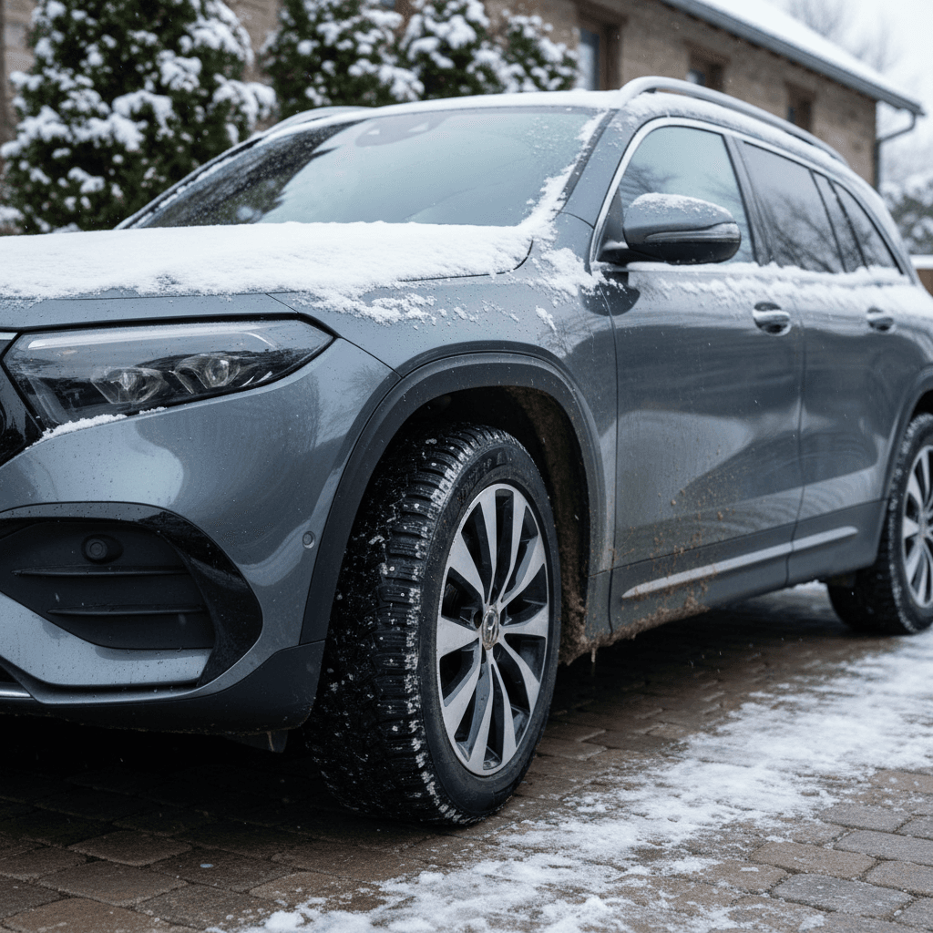 Mercedes EQB 4MATIC parked in a snowy driveway on winter tires, showing tread and ride height