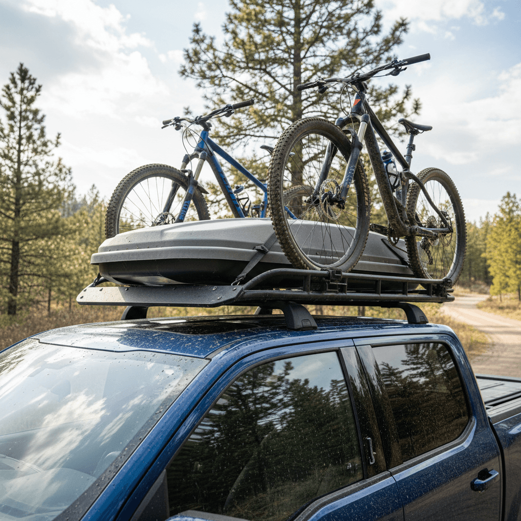 Ford F-150 Lightning roof rack carrying bikes and a cargo box, illustrating roof load and aerodynamic drag