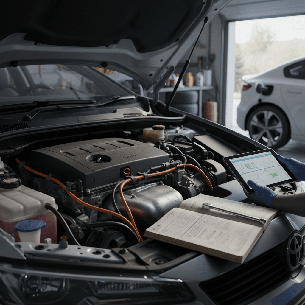 Row of used hybrid cars parked at a dealership lot