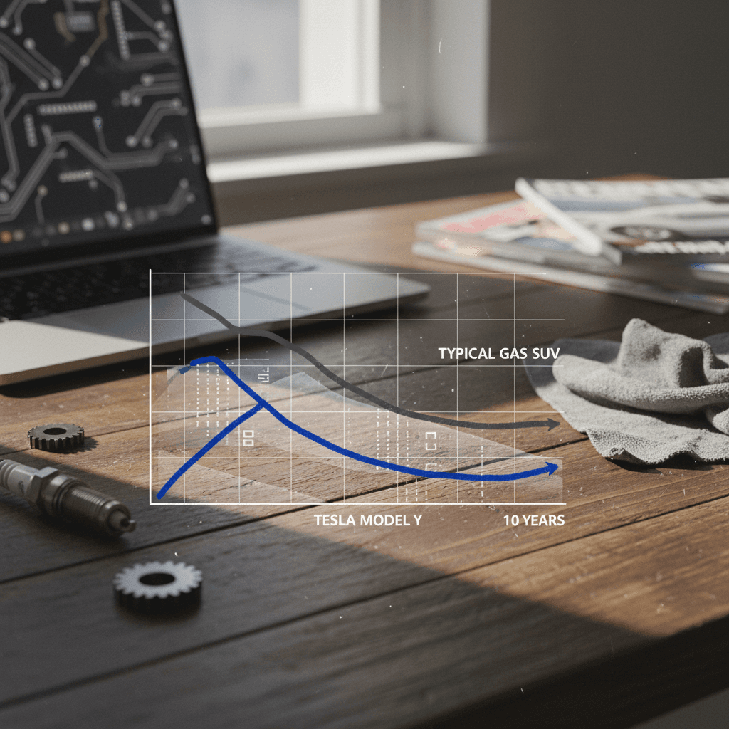 Illustrated comparison of Tesla Model Y depreciation curve versus a typical gas SUV over a ten year period
