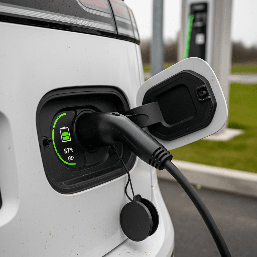 Volkswagen ID. Buzz plugged into a fast charger with battery status displayed on the center screen