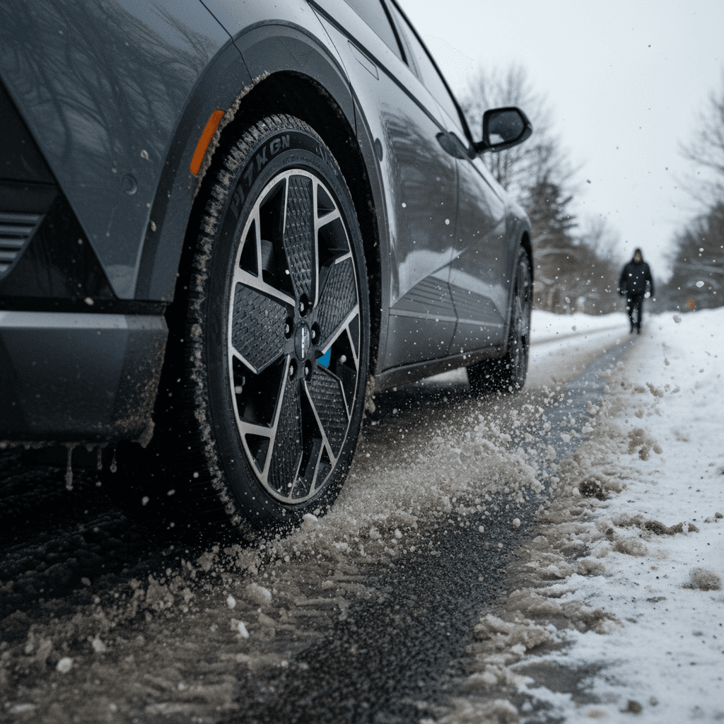 Hyundai IONIQ 5’s wheel and tire cutting through slushy winter road, highlighting traction and tire choice