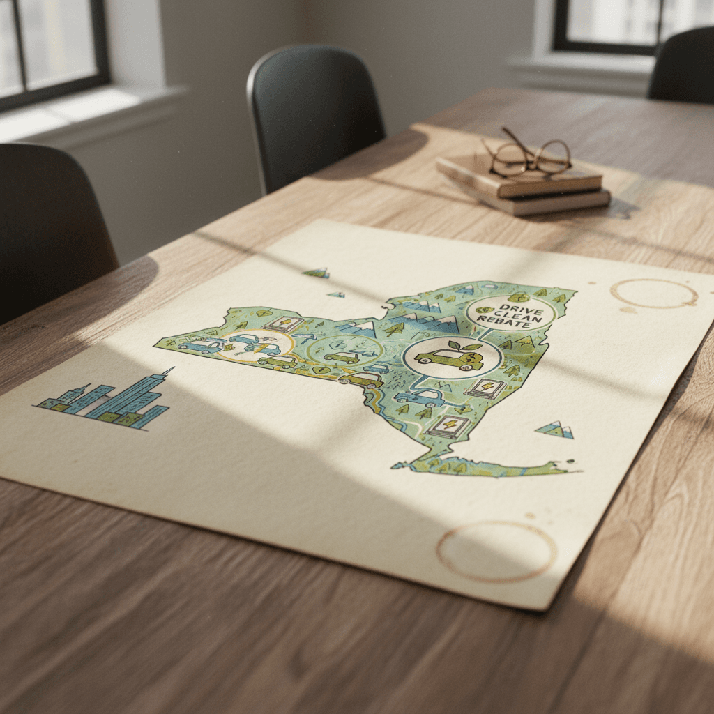 Map-style illustration of New York State showing electric cars and charging stations in NYC, suburbs, and upstate regions