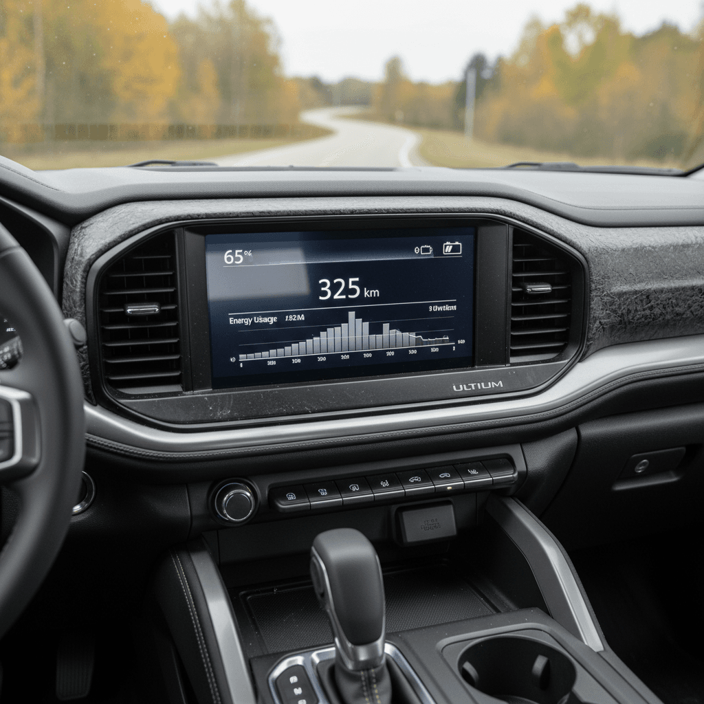 Chevrolet Silverado EV driver display showing battery state of charge and remaining range estimate