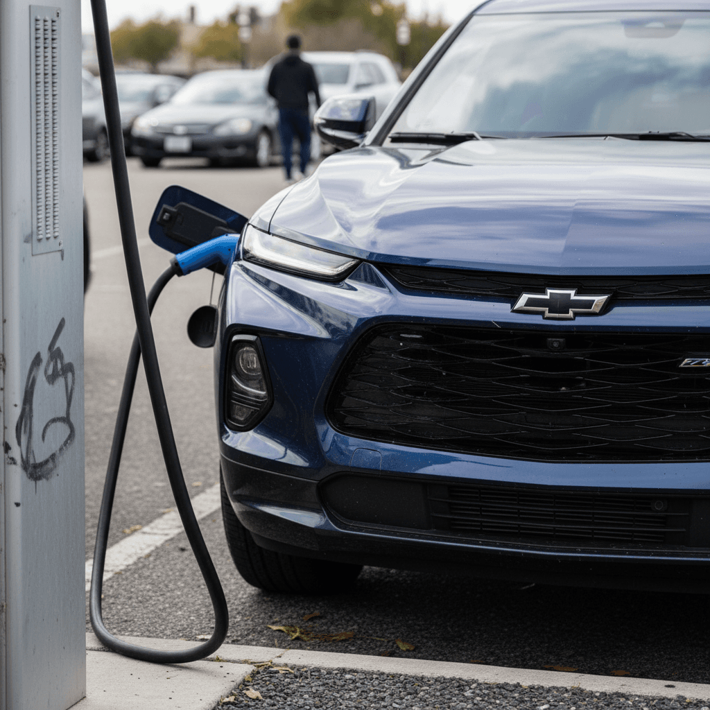 Chevy Blazer EV plugged into a public DC fast charger in a city parking lot